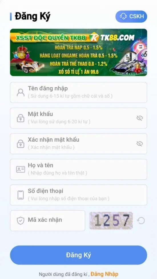 Đăng ký tài khoản TK88