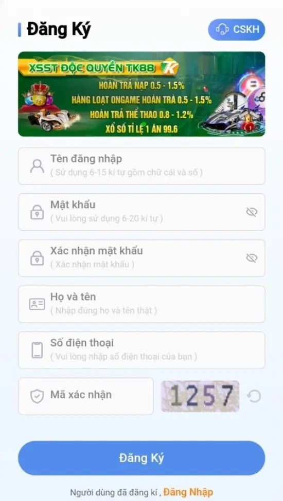 Điền thông tin TK88 yêu cầu