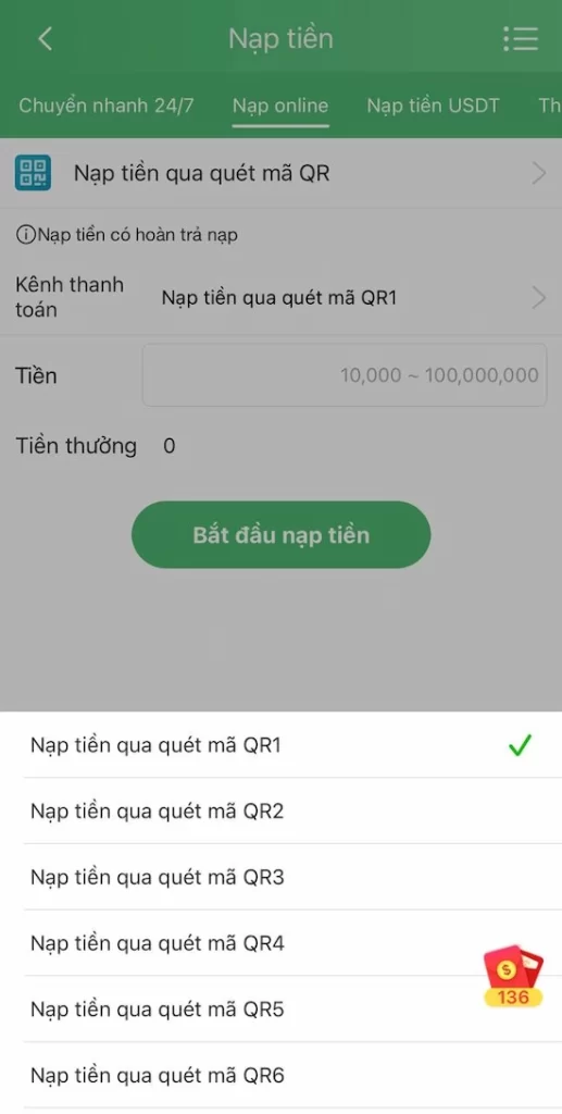 Thực Hiện Nạp Qua Quét Mã QR