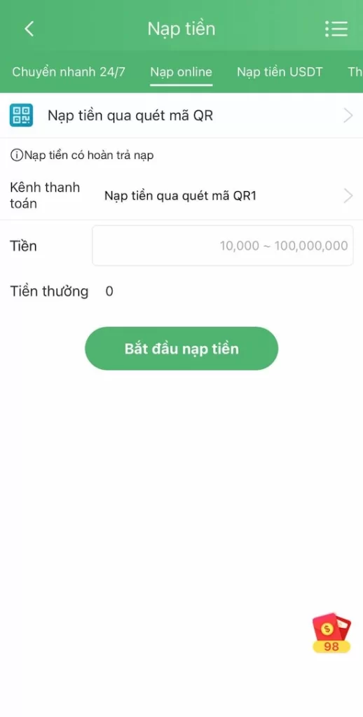 Thực Hiện Nạp Qua Quét Mã QR