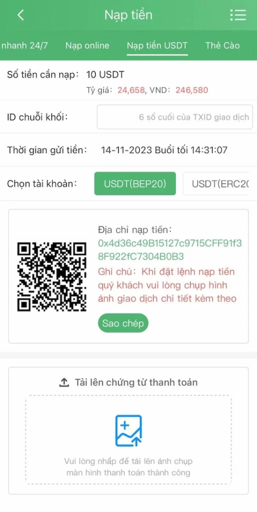 Thực Hiện Nạp Tiền USDT