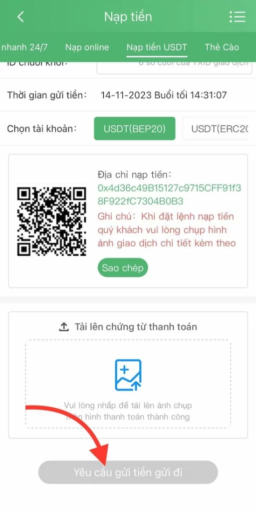 Thực Hiện Nạp Tiền USDT