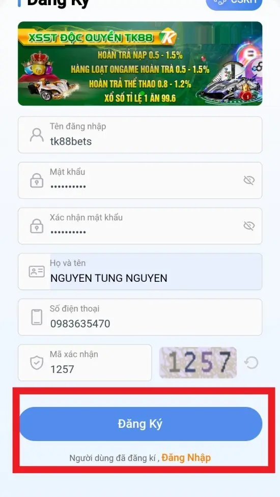 Xác nhận đăng ký TK88